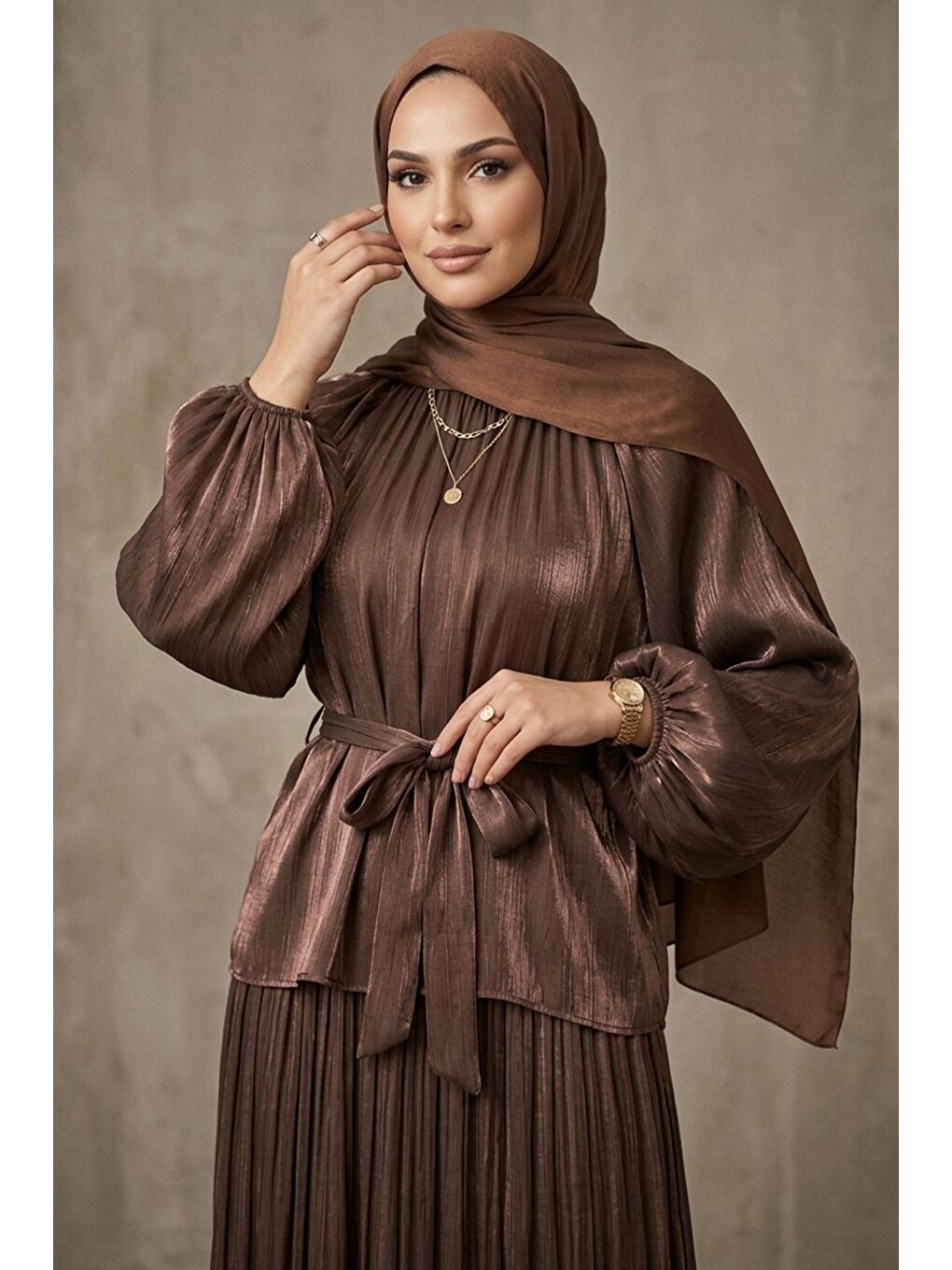 Kahverengi Astarlı Bluz Etek Şifon Tesettür İkili Takım-8