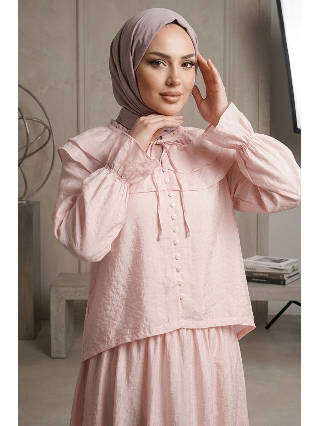 Pembe Yaka Bağcıklı Astarlı Bluz Etek Tesettür İkili Takım-3