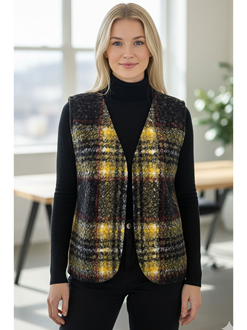 İtalyan Siyah-Sarı V Yaka Kolsuz Ekose Kapamasız Kalın Casual Akrilik Dokuma Yelek 64 54