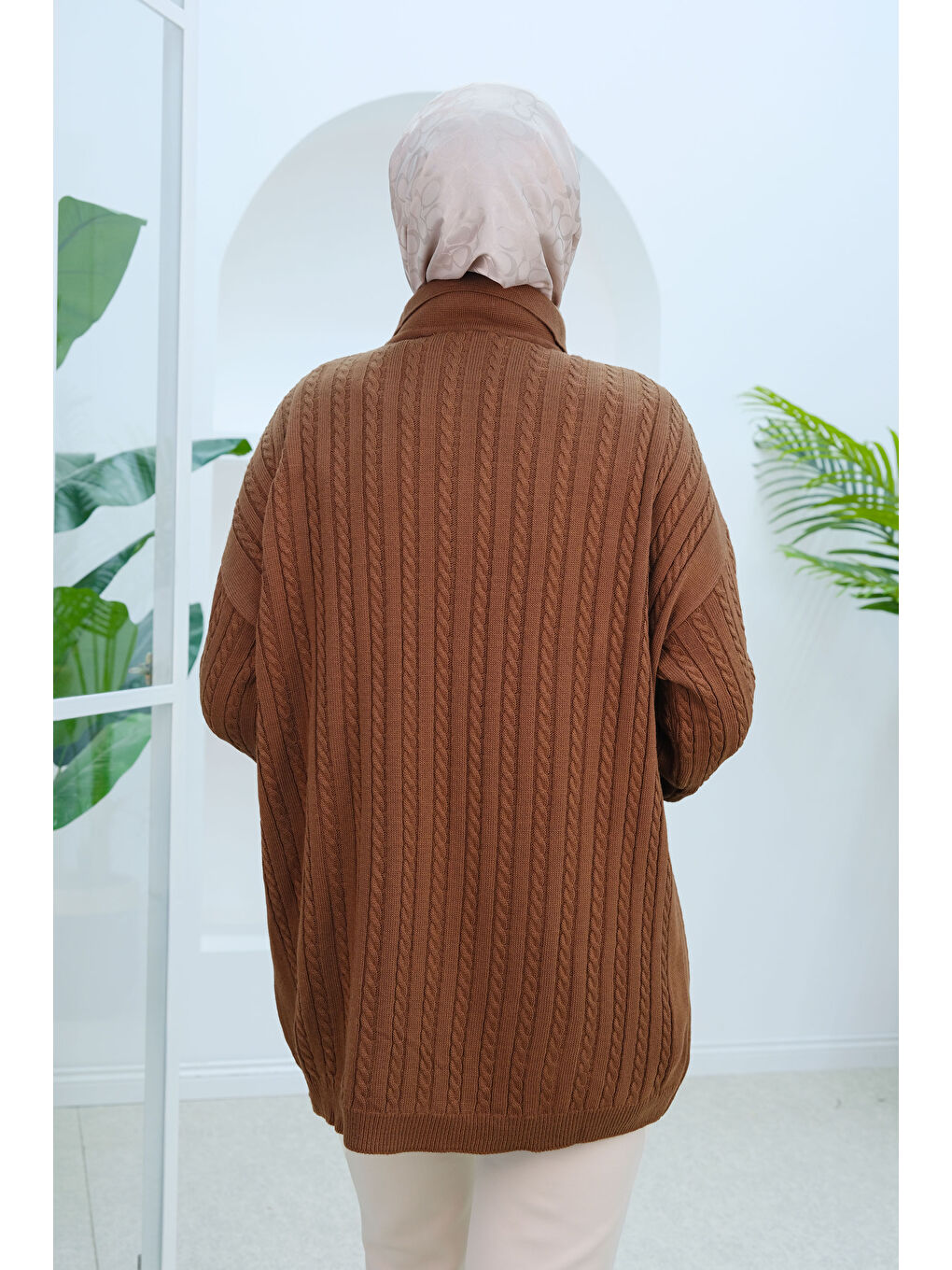 Örgü Desen Yarım Fermuarlı Kazak Kahverengi-2