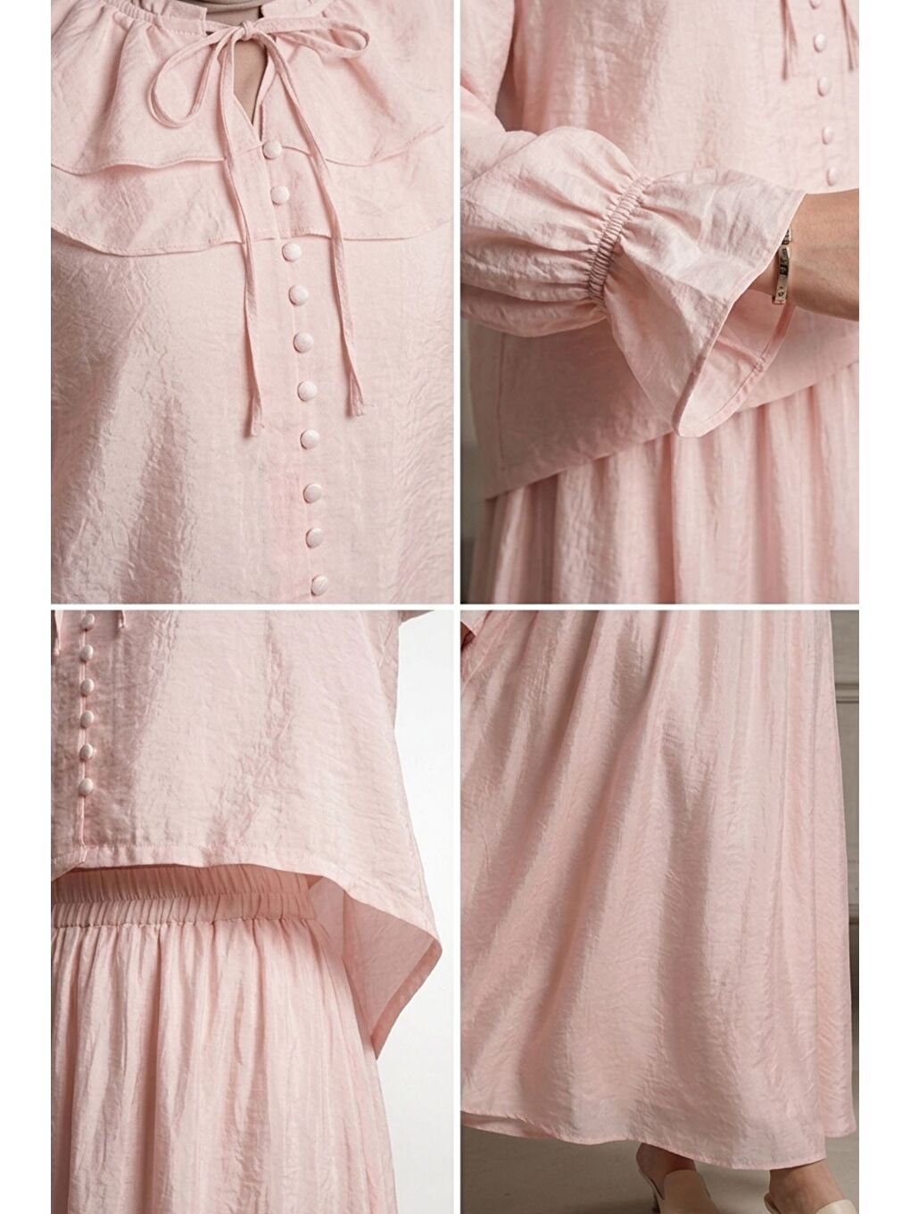 Pembe Yaka Bağcıklı Astarlı Bluz Etek Tesettür İkili Takım-5