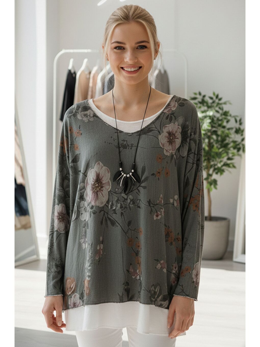 İtalyan Haki Havuz Yaka Uzun Kol Desenli İnce İkili Set İçi Kolsuz Penye Triko Bluz 70 60-1