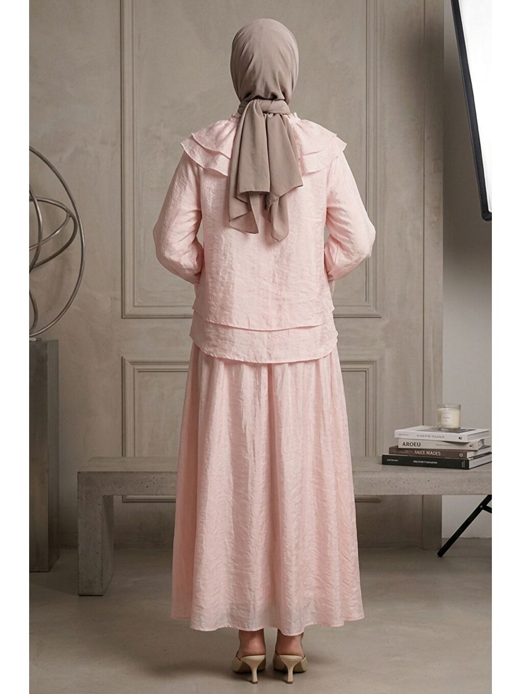 Pembe Yaka Bağcıklı Astarlı Bluz Etek Tesettür İkili Takım-7