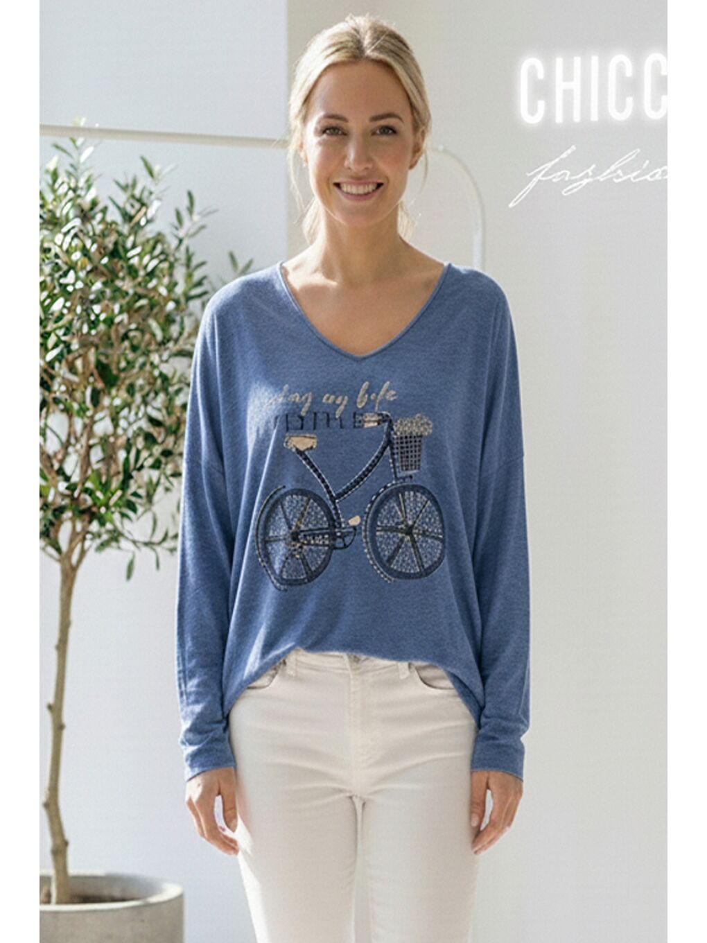 İtalyan Mavi V Yaka Uzun Kol Baskılı Casual Akrilik Oversize Triko Bluz 68 70