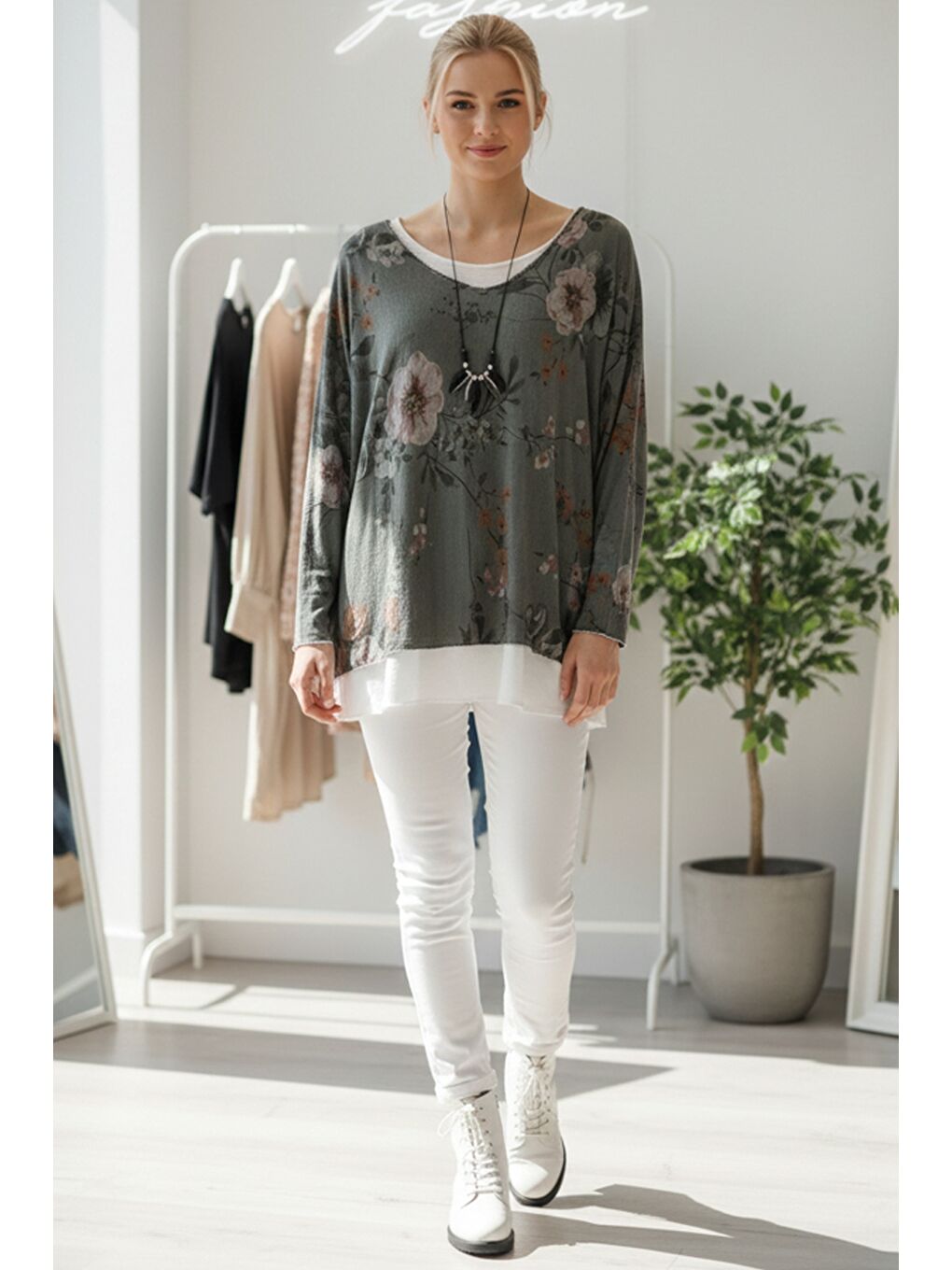 İtalyan Haki Havuz Yaka Uzun Kol Desenli İnce İkili Set İçi Kolsuz Penye Triko Bluz 70 60-3