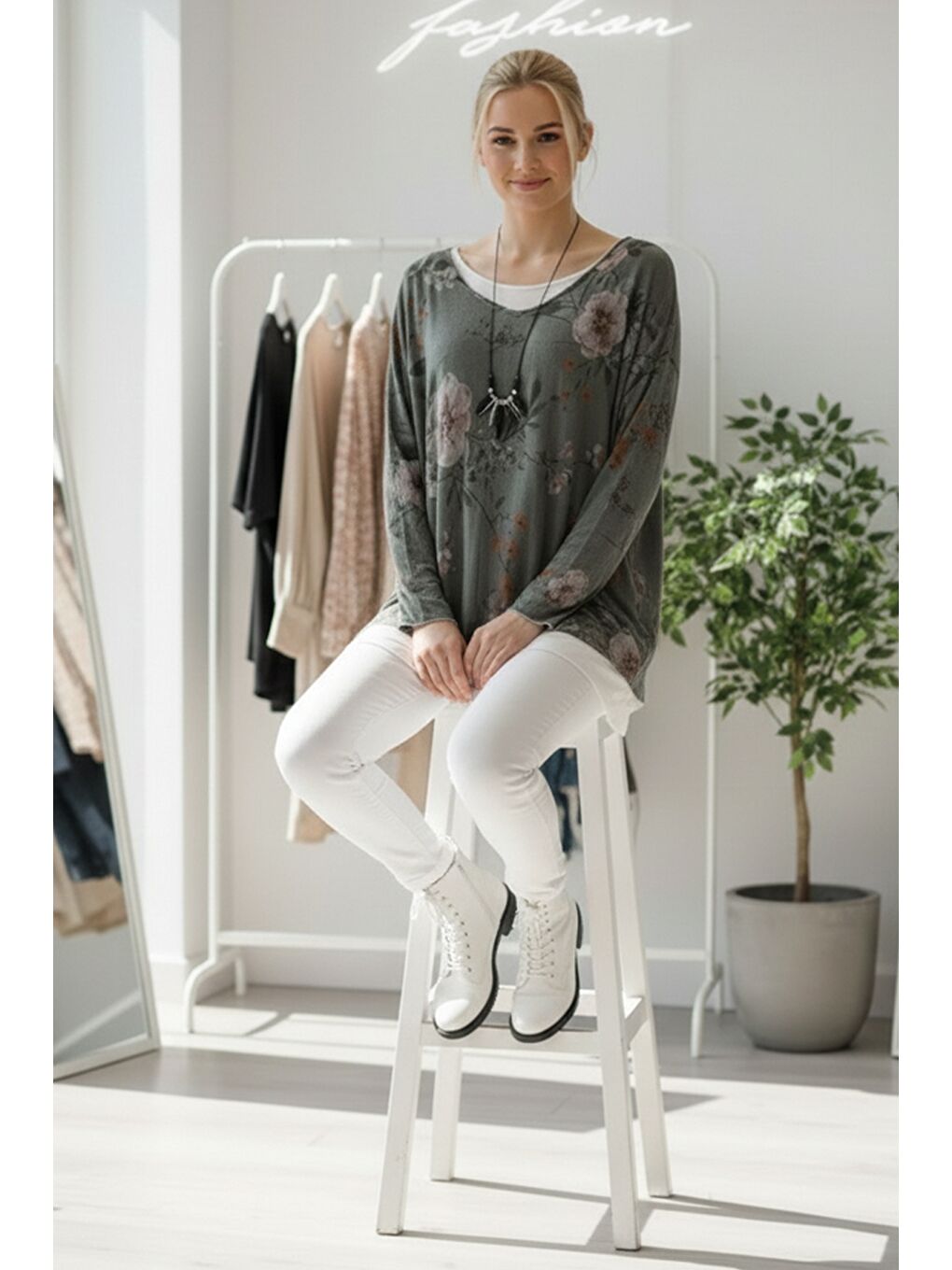 İtalyan Haki Havuz Yaka Uzun Kol Desenli İnce İkili Set İçi Kolsuz Penye Triko Bluz 70 60-4