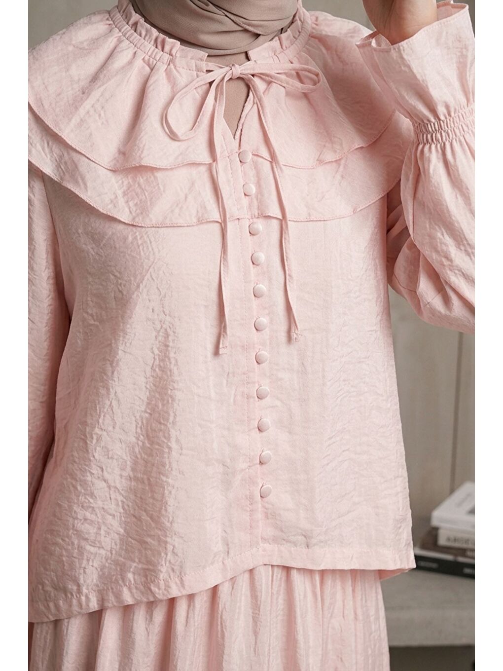 Pembe Yaka Bağcıklı Astarlı Bluz Etek Tesettür İkili Takım-9