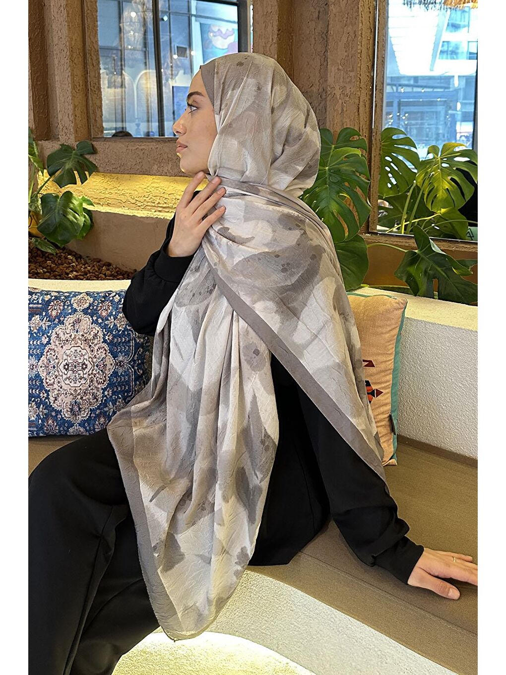 Flora Garden Desen Bambu Şal Küf Yeşili-3