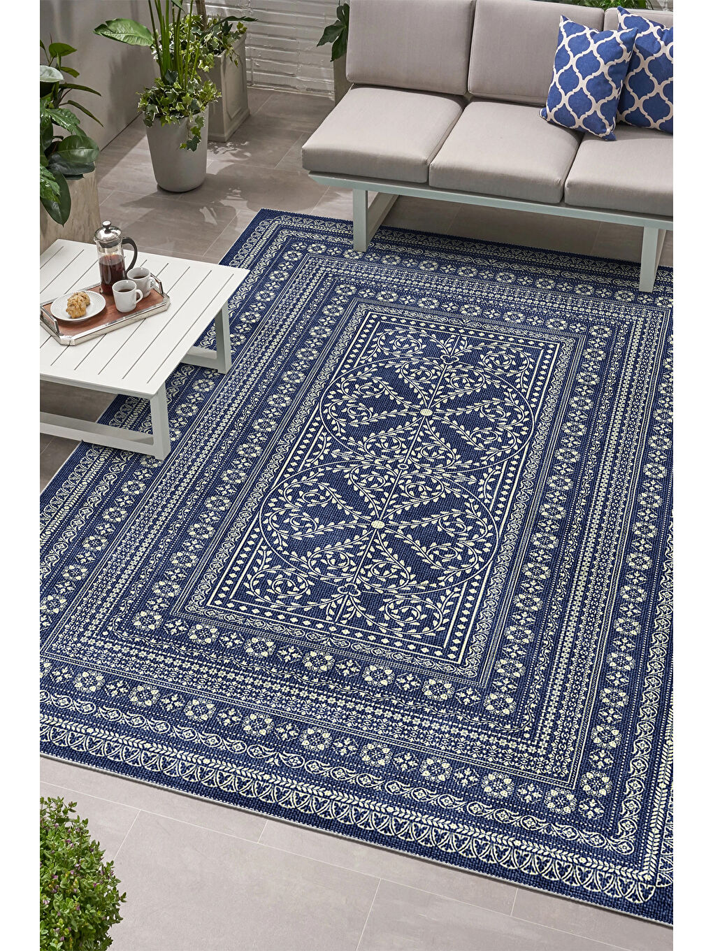 Lacivert Dekoratif Salon Halısı, Makinada Yıkanabilir, Kaymaz Taban, İnce & Modern Tasarım-4