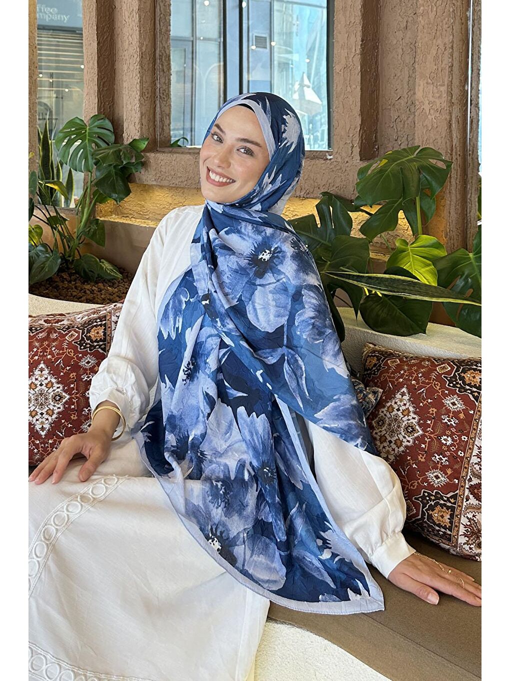 Çiçek Desen Bambu Şal Bebe Mavisi-1