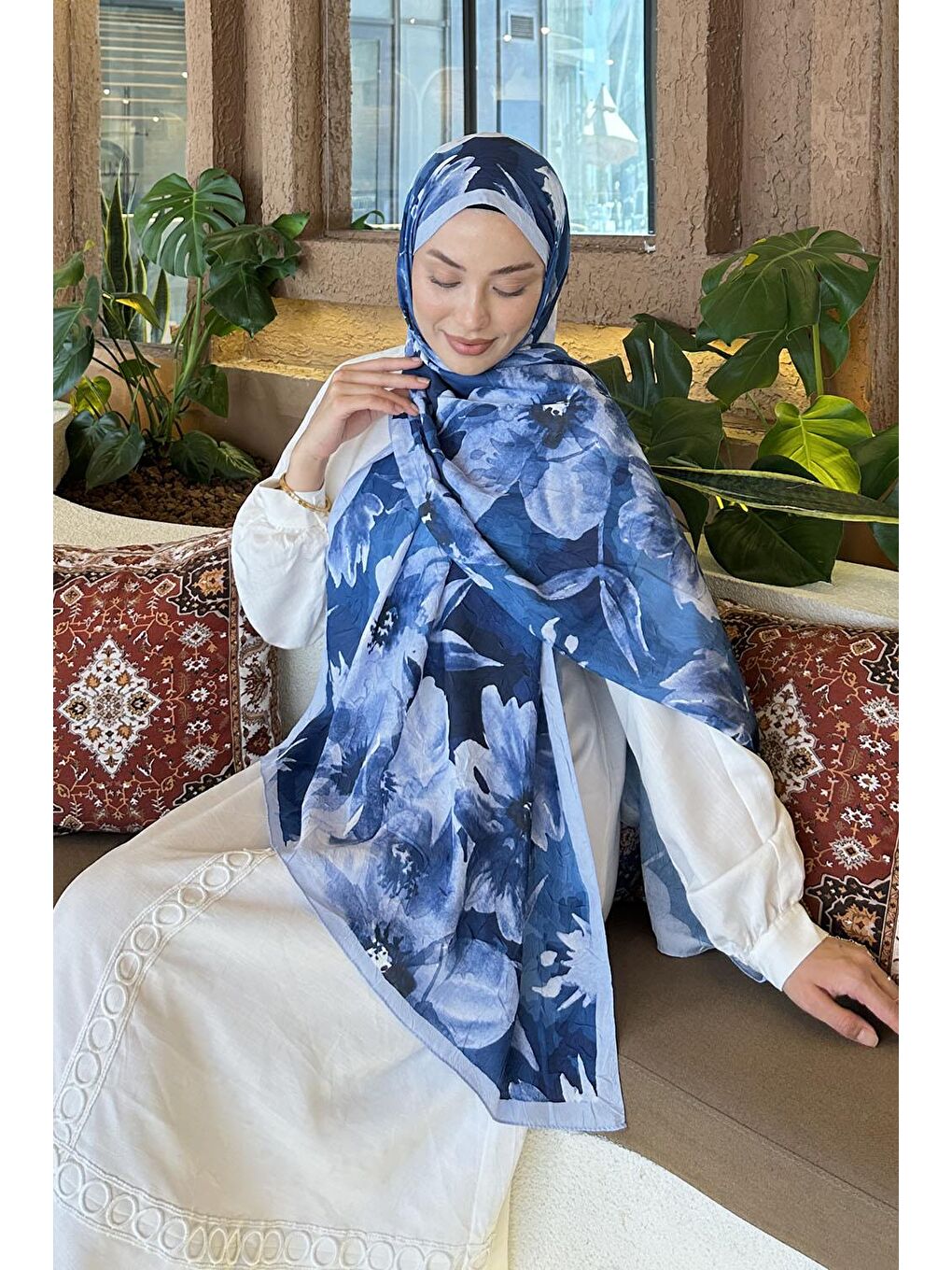 Çiçek Desen Bambu Şal Bebe Mavisi-2