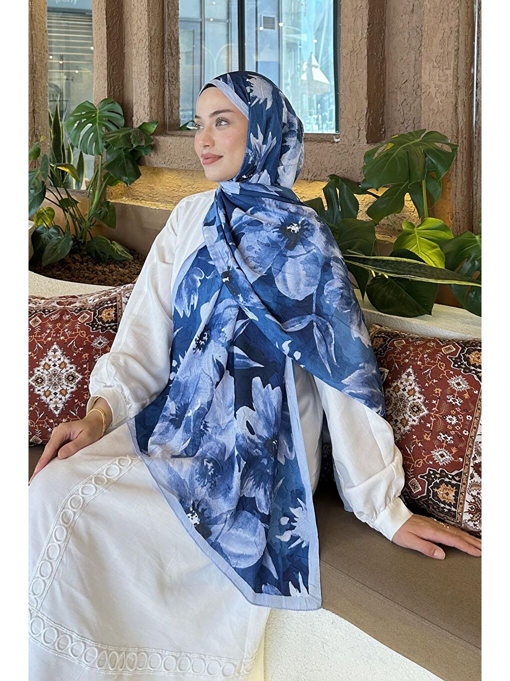 Çiçek Desen Bambu Şal Bebe Mavisi-3