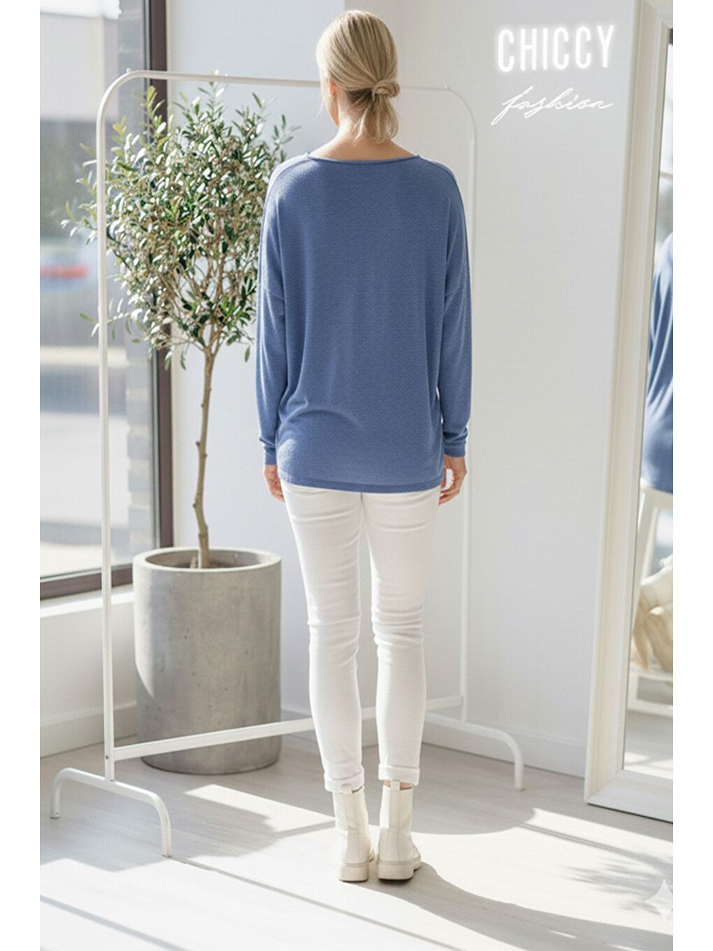 İtalyan Mavi V Yaka Uzun Kol Baskılı Casual Akrilik Oversize Triko Bluz 68 70-5