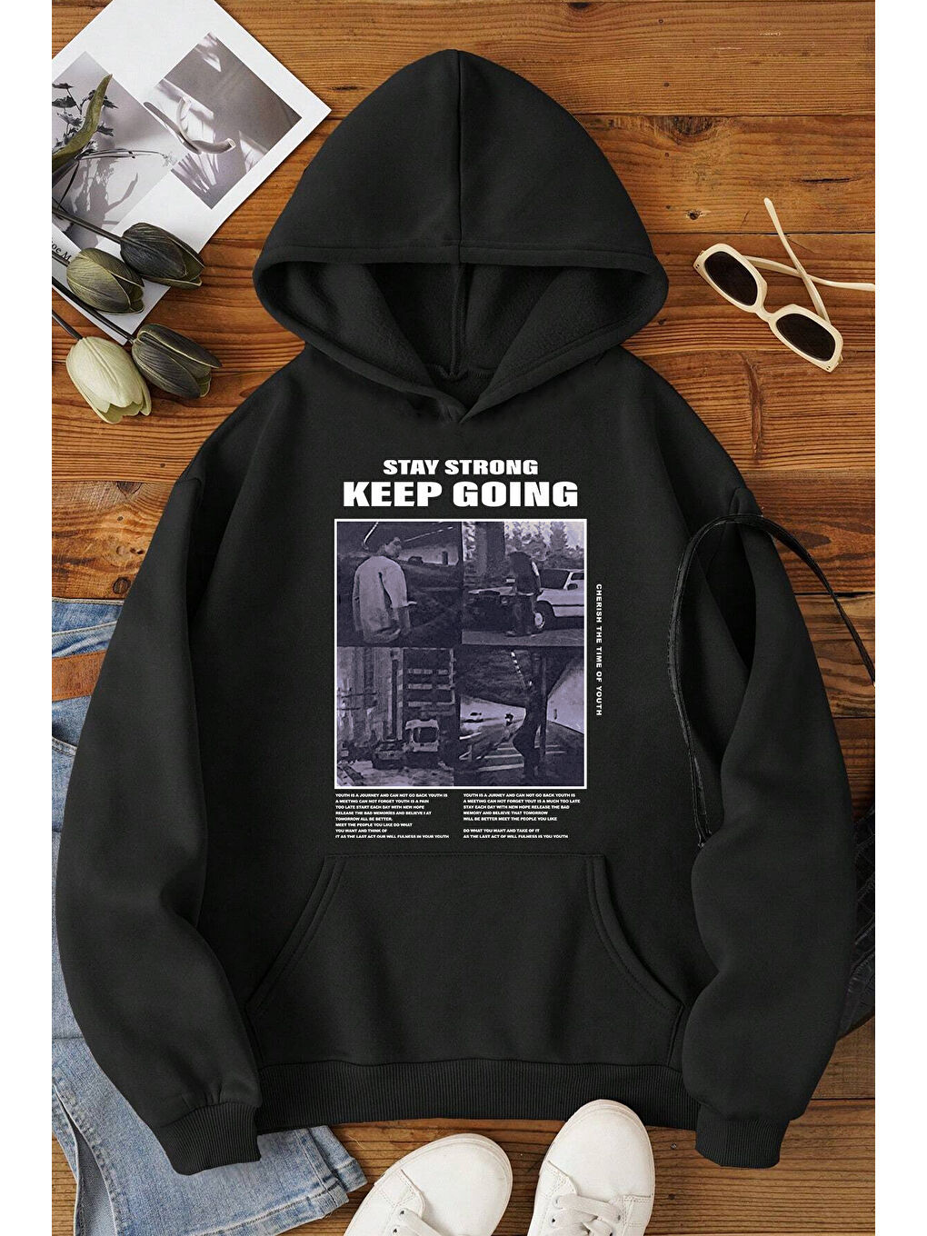 uyguntarz Siyah Keep Going Baskılı Oversize Sweatshirt