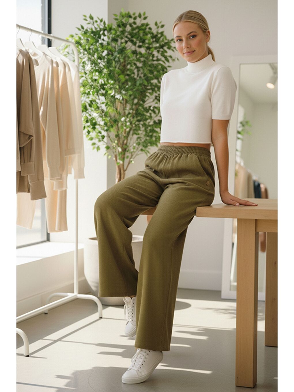 Sarı İtalyan Hardal Rengi Cepli Lastikli Bel Geniş Paça İnce Fitilli Kadife Dokuma Pantolon 100 62-1