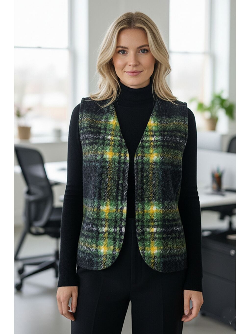 İtalyan Siyah-Yeşil V Yaka Kolsuz Ekose Kapamasız Kalın Casual Akrilik Dokuma Yelek 64 54