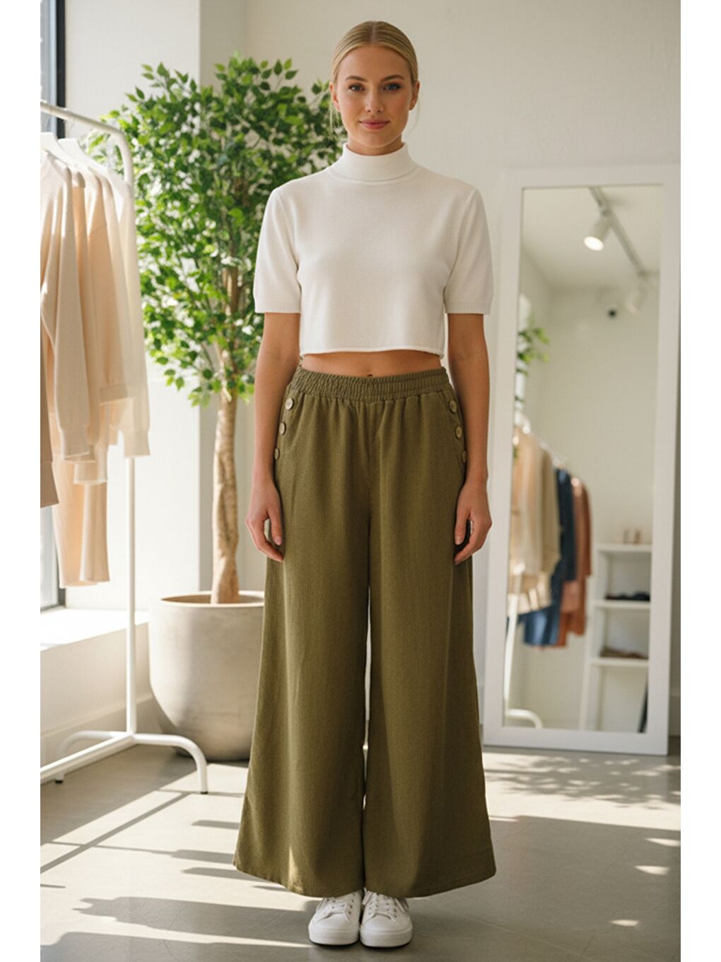 Sarı İtalyan Hardal Rengi Cepli Lastikli Bel Geniş Paça İnce Fitilli Kadife Dokuma Pantolon 100 62-2