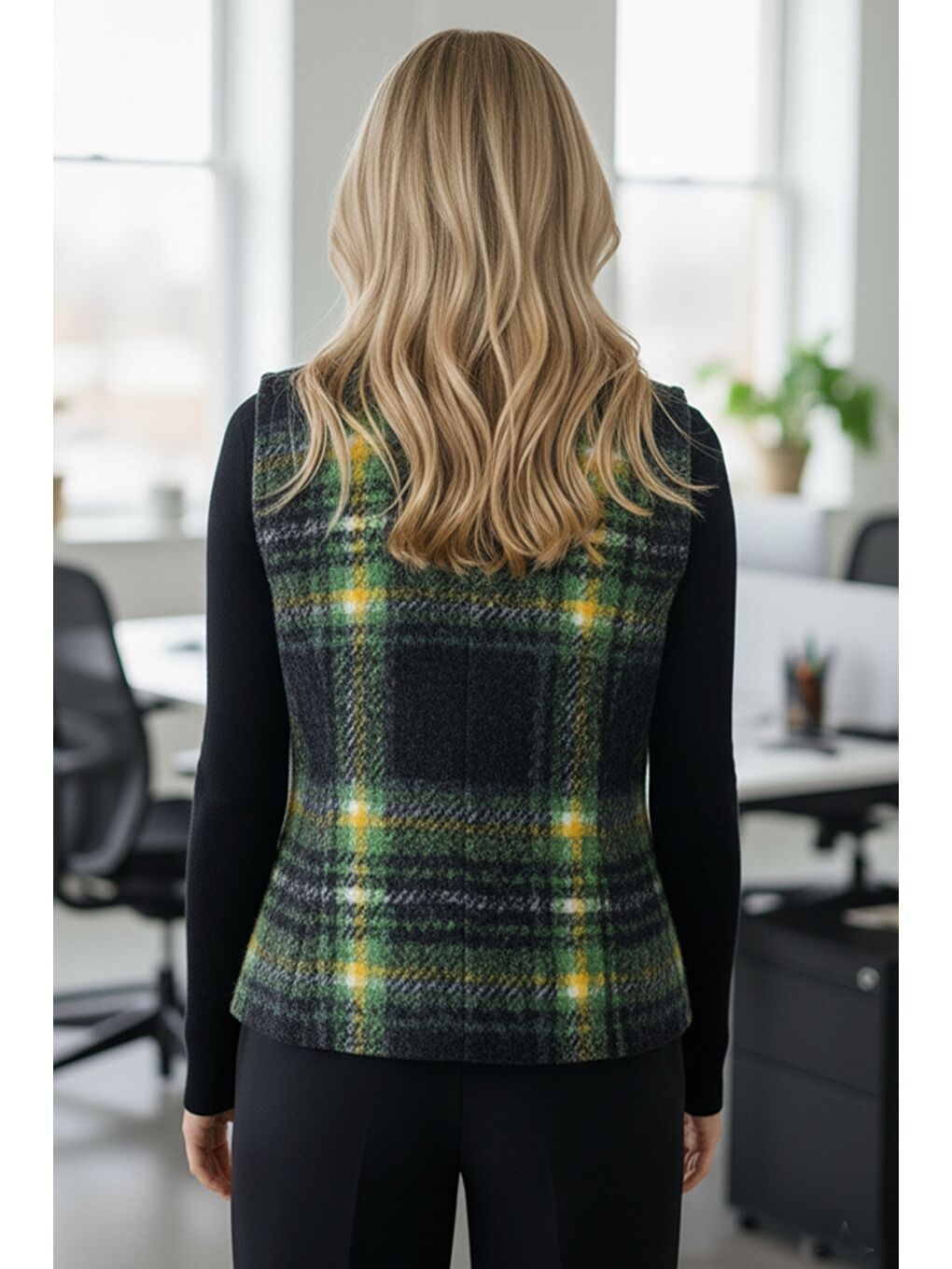 İtalyan Siyah-Yeşil V Yaka Kolsuz Ekose Kapamasız Kalın Casual Akrilik Dokuma Yelek 64 54-1