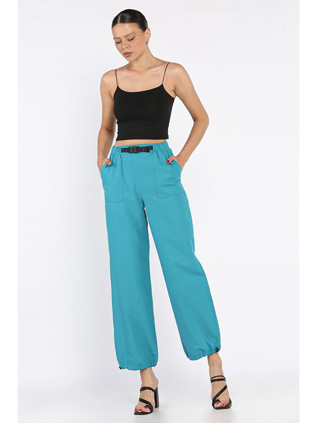 Petrol Bel Ve Paça Lastikli Kadın Paraşüt Pantolon