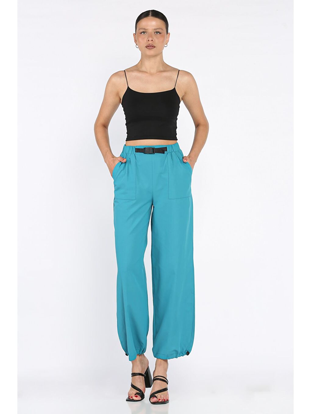 Petrol Bel Ve Paça Lastikli Kadın Paraşüt Pantolon-1