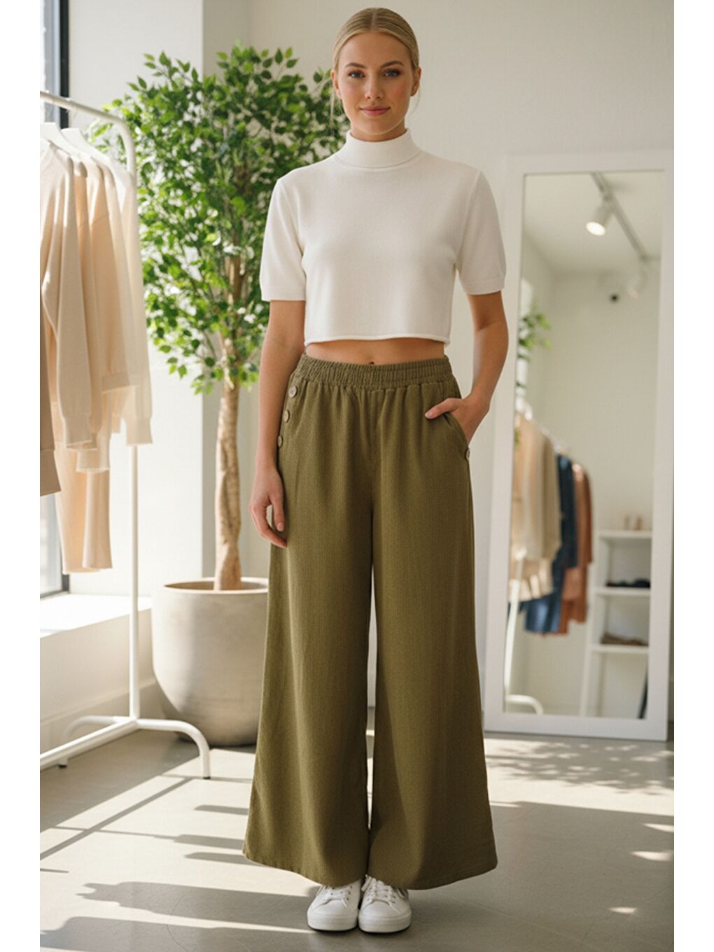 Sarı İtalyan Hardal Rengi Cepli Lastikli Bel Geniş Paça İnce Fitilli Kadife Dokuma Pantolon 100 62-3