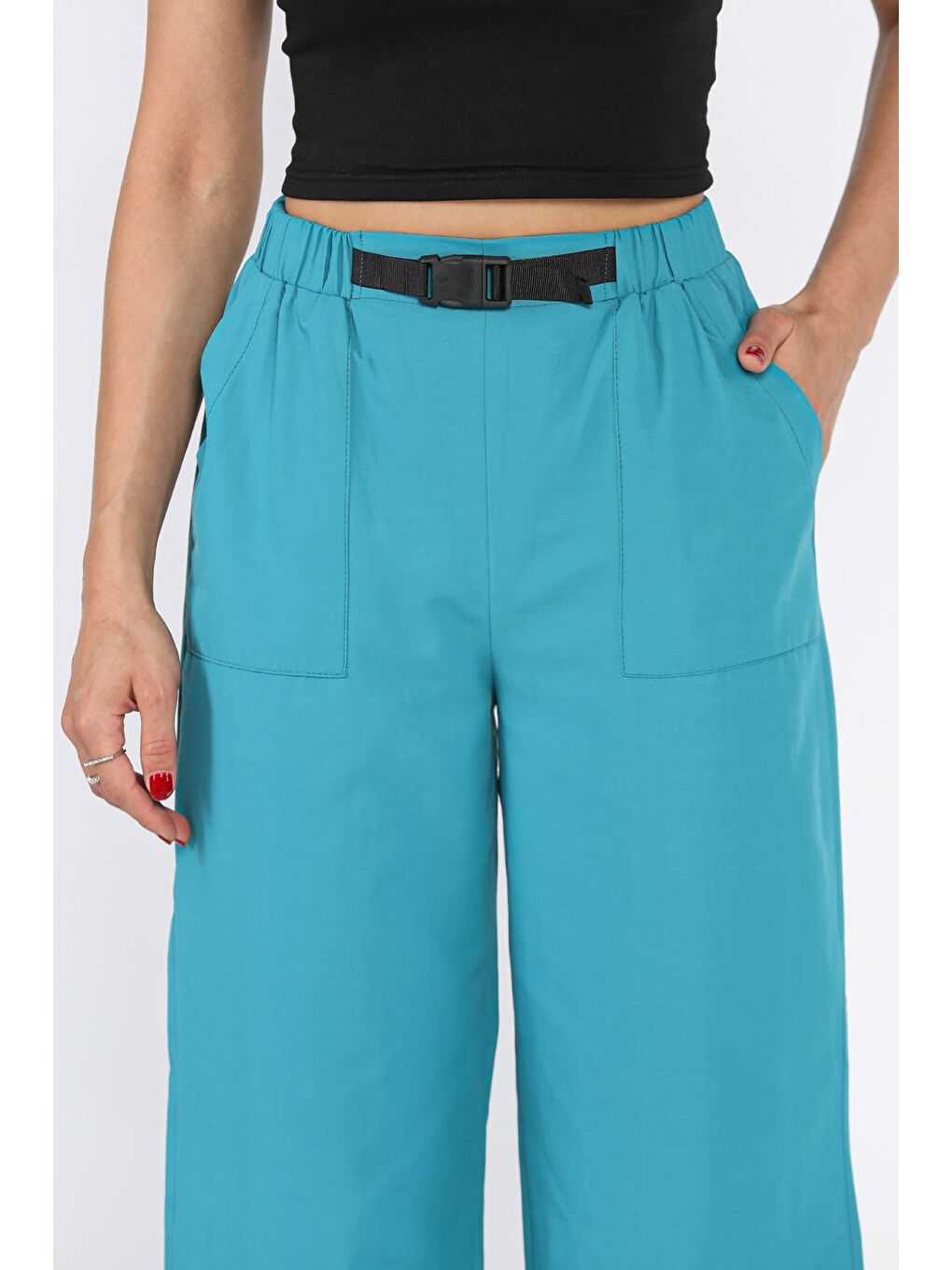 Petrol Bel Ve Paça Lastikli Kadın Paraşüt Pantolon-3