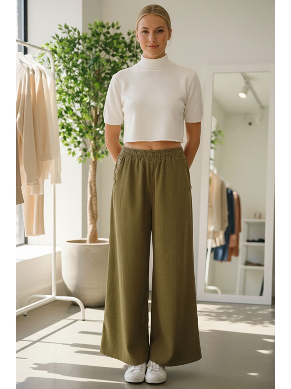 Sarı İtalyan Hardal Rengi Cepli Lastikli Bel Geniş Paça İnce Fitilli Kadife Dokuma Pantolon 100 62-4