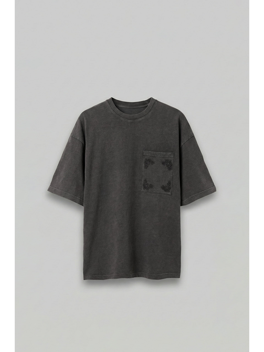 Erkek Oversize Premium Cep Nakışlı T-Shirt Siyah