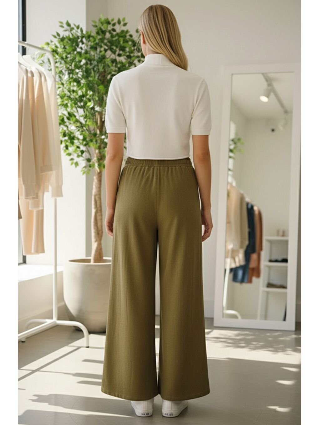 Sarı İtalyan Hardal Rengi Cepli Lastikli Bel Geniş Paça İnce Fitilli Kadife Dokuma Pantolon 100 62-5