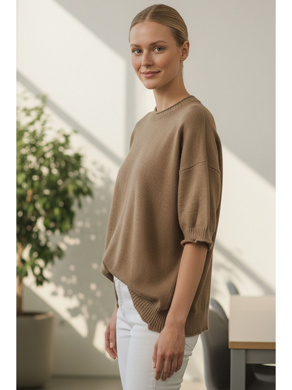 İtalyan Sütlü Kahverengi Bisiklet Yaka Kısa Kol Akrilik Geniş Kesim Oversize Triko Kazak 73 65-1