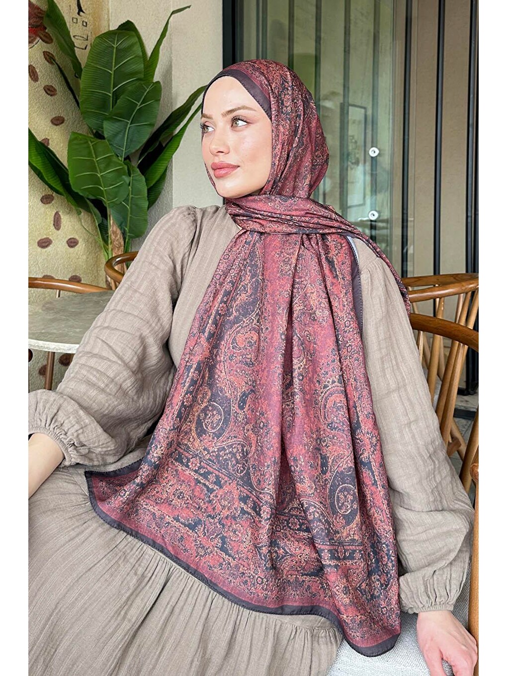 Retro Desen Soft Şal Siyah Bordo-2