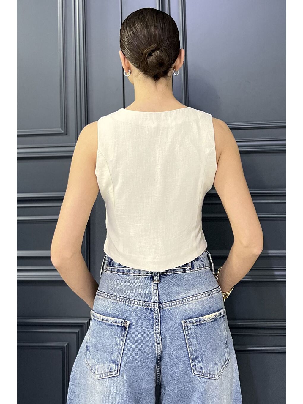 Bej Kadın Ön Bağlamalı Astarlı Keten Yelek-2