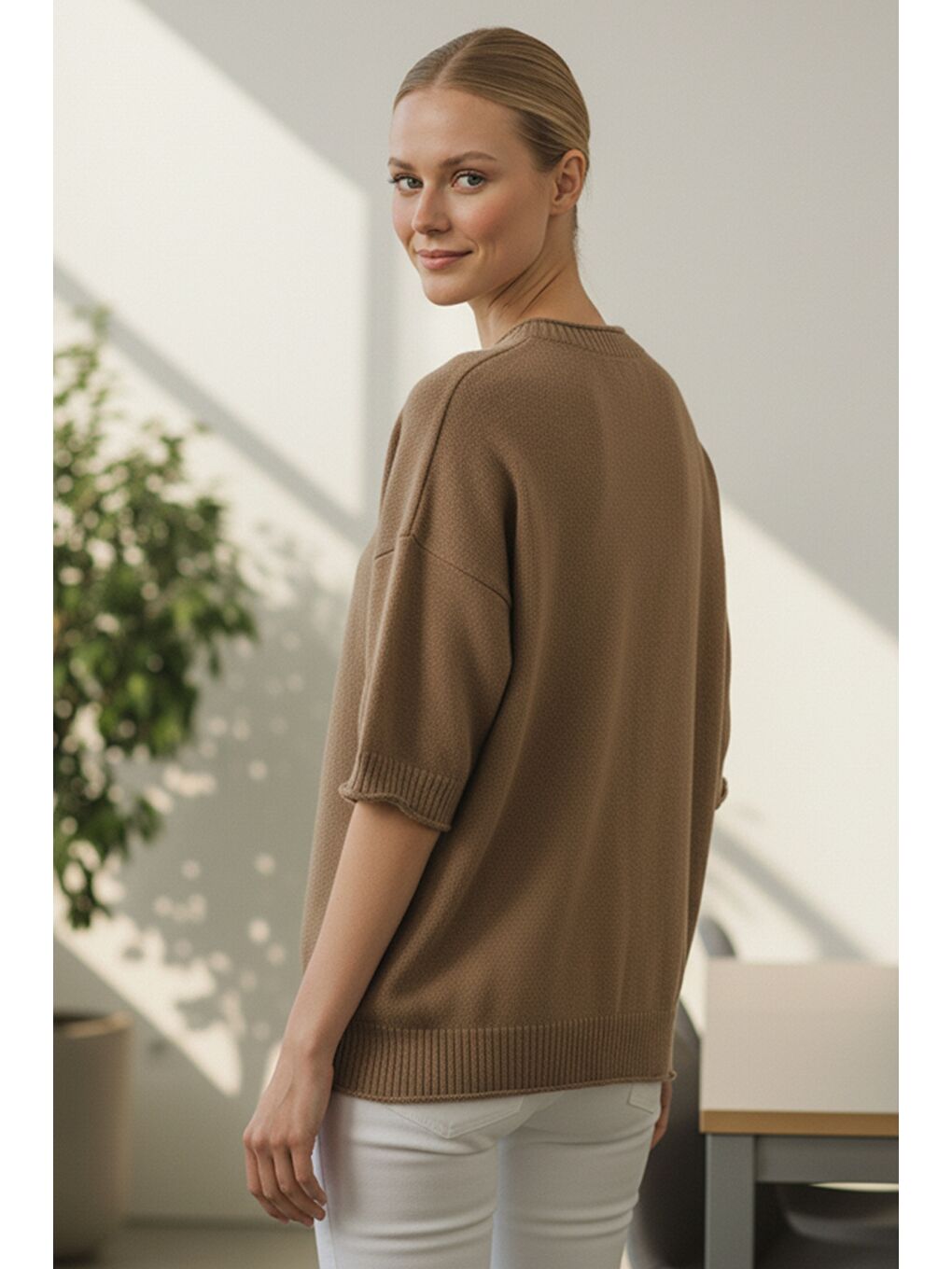 İtalyan Sütlü Kahverengi Bisiklet Yaka Kısa Kol Akrilik Geniş Kesim Oversize Triko Kazak 73 65-2