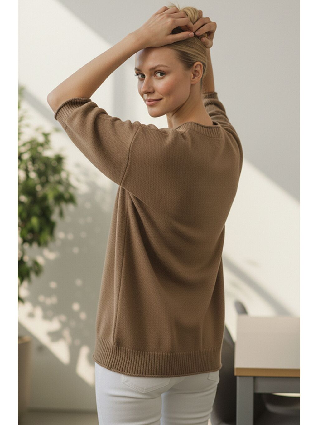 İtalyan Sütlü Kahverengi Bisiklet Yaka Kısa Kol Akrilik Geniş Kesim Oversize Triko Kazak 73 65-3