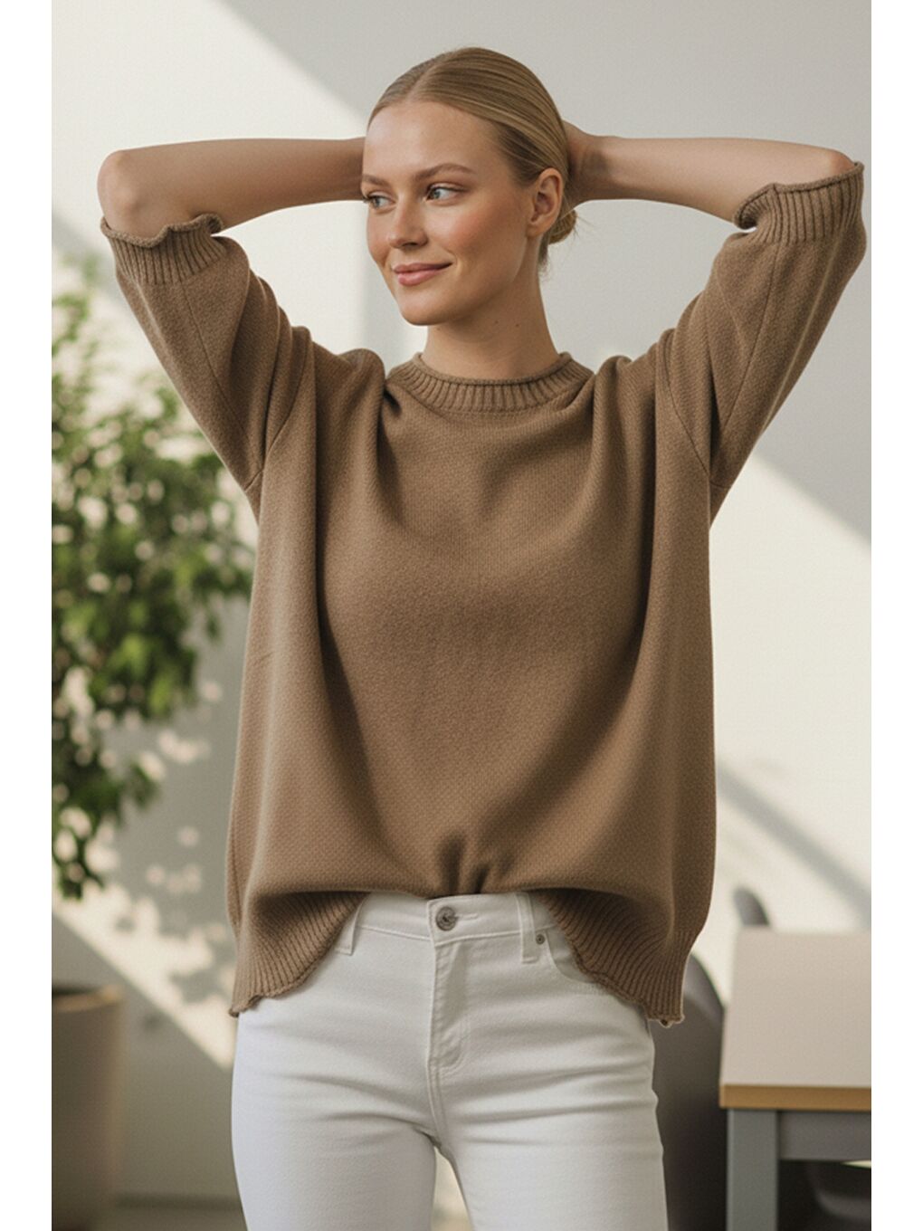 İtalyan Sütlü Kahverengi Bisiklet Yaka Kısa Kol Akrilik Geniş Kesim Oversize Triko Kazak 73 65-5