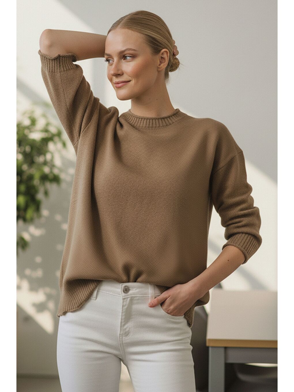 İtalyan Sütlü Kahverengi Bisiklet Yaka Kısa Kol Akrilik Geniş Kesim Oversize Triko Kazak 73 65-6