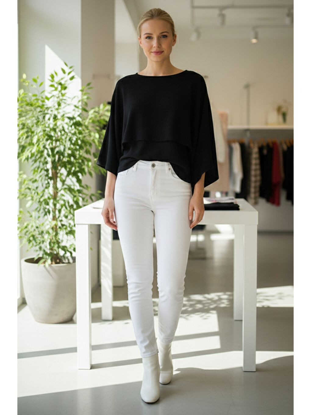 İtalyan Siyah Kayık Yaka Mendil Kol Casual Akrilik Triko Kazak 55 60-1