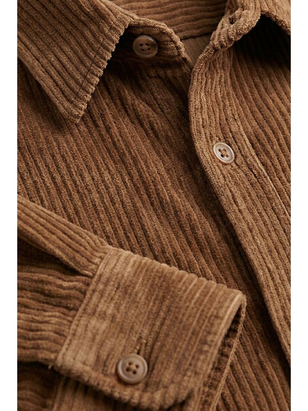 Kahverengi Camel Comfort Fit Pamuklu Fitilli Kadife Uzun Kollu Polo Yaka Erkek Gömlek-2