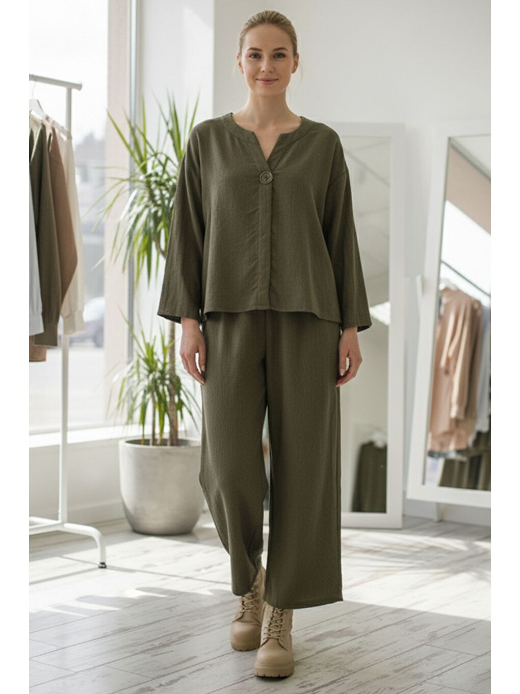 İtalyan Haki Uzun Kol Lastikli Bel İnce Fitilli Kadife Dokuma Alt Üst Takım 67/64 103/58