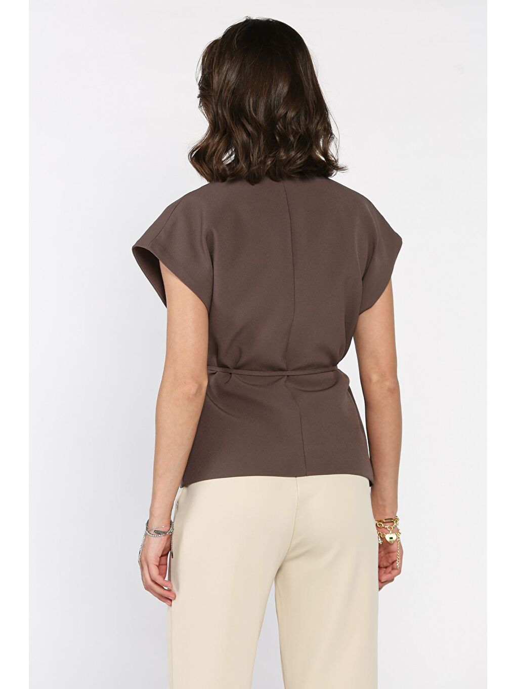 Bej Kadın Kruvaze Yaka Bel Bağlama Detaylı Astarlı Yelek-2