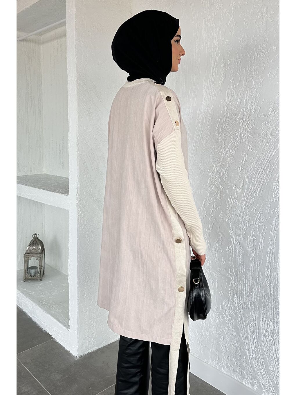 Bej Yan Düğmeli Tesettür Tunik-5
