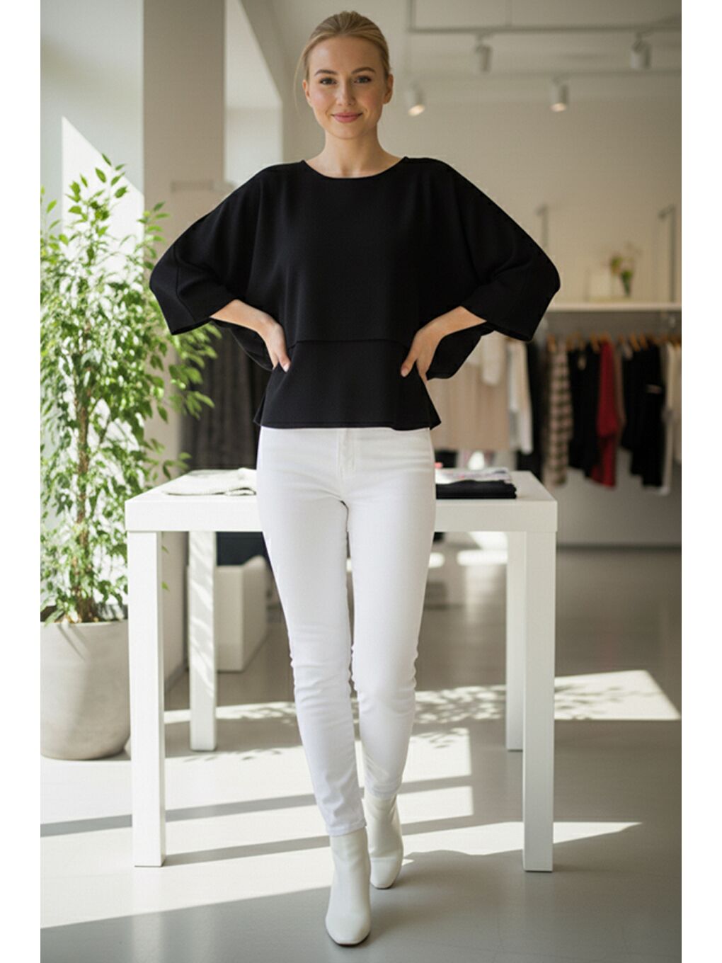 İtalyan Siyah Kayık Yaka Mendil Kol Casual Akrilik Triko Kazak 55 60-5