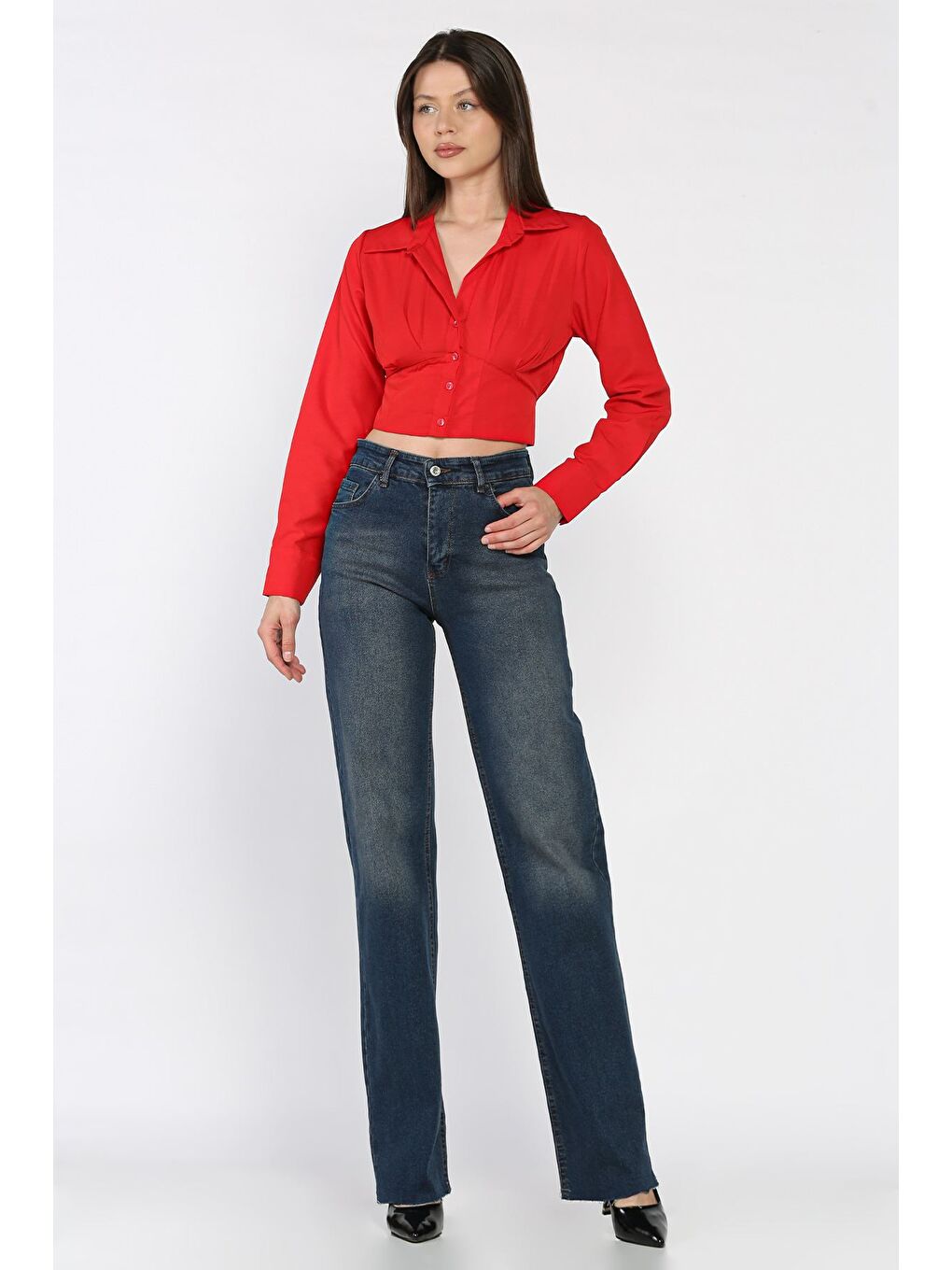 Lacivert Kadın Kesik Paça Palazzo Jean Jean Pantolon-1