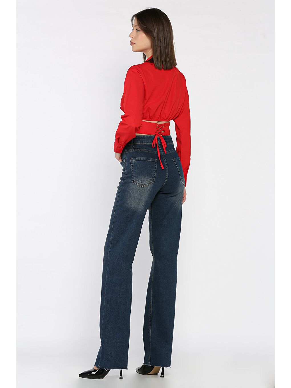 Lacivert Kadın Kesik Paça Palazzo Jean Jean Pantolon-2