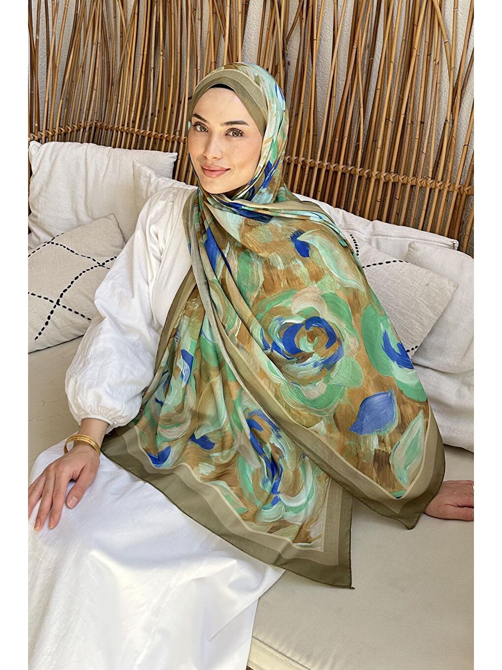 Çiçek Desen Pamuk Şal Asker Yeşili-1