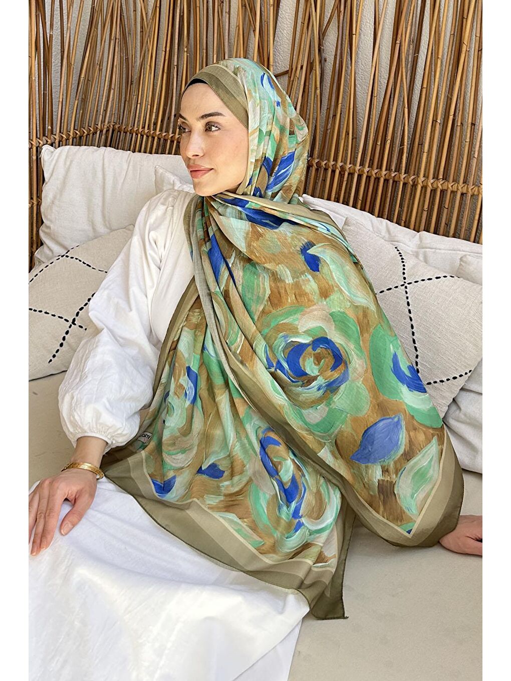 Çiçek Desen Pamuk Şal Asker Yeşili-2