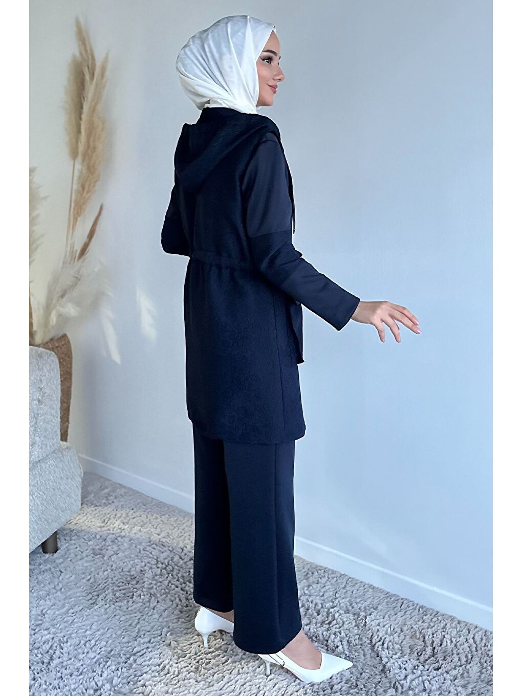 Lacivert Kapüşonlu Yelek Tunik Pantolon Tesettür Üçlü Takım-5