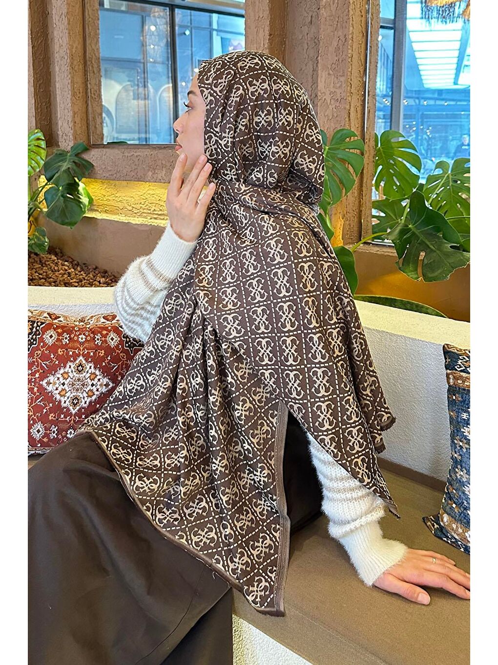 Gue Desen Çift Taraflı Kaşmir Şal Acı Kahverengi-3