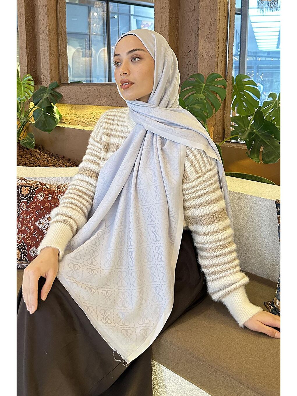 Gue Desen Çift Taraflı Kaşmir Şal Gri-2