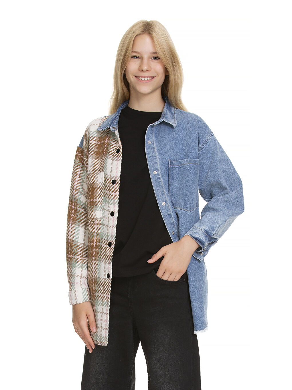 Ekru Kız Çocuk Garnili Jean Gömlek Px561-1